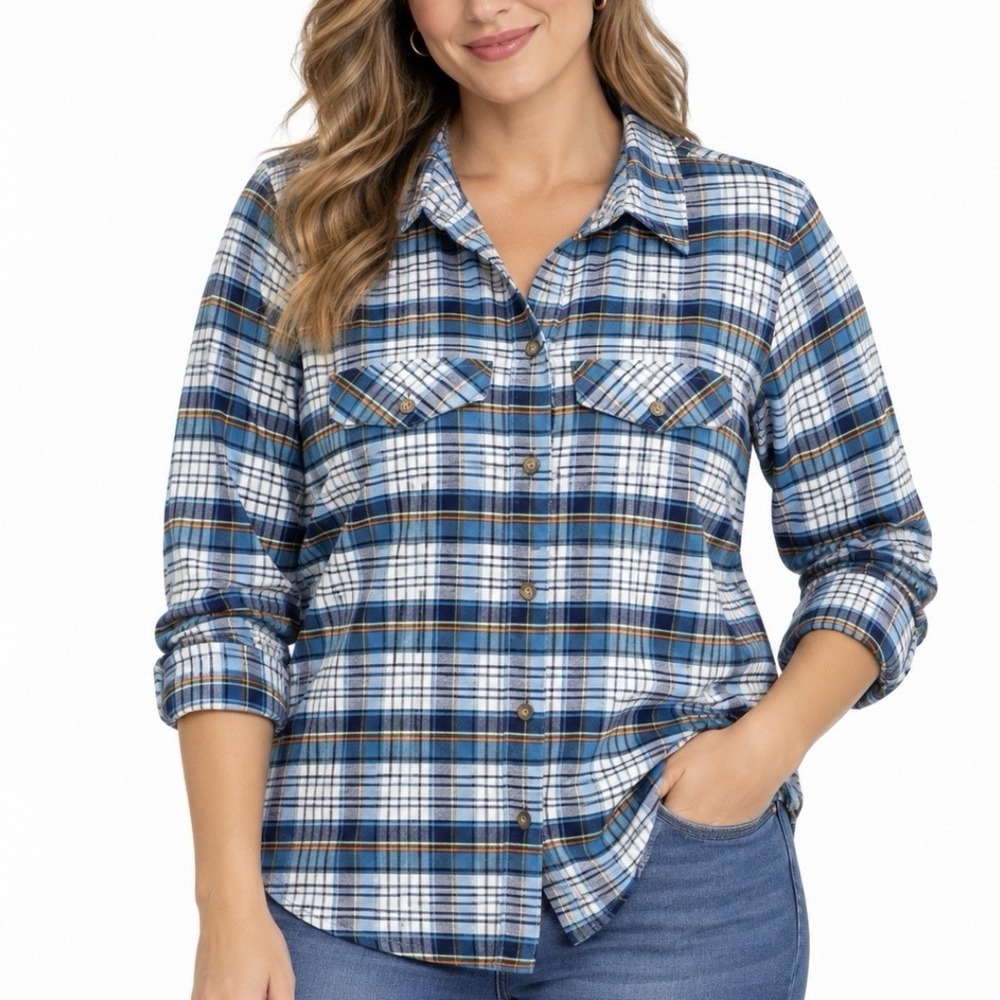 LL Bean Whisper Lodge Blue Plaid Flannel Button Up Shirt Pockets MEDIUM